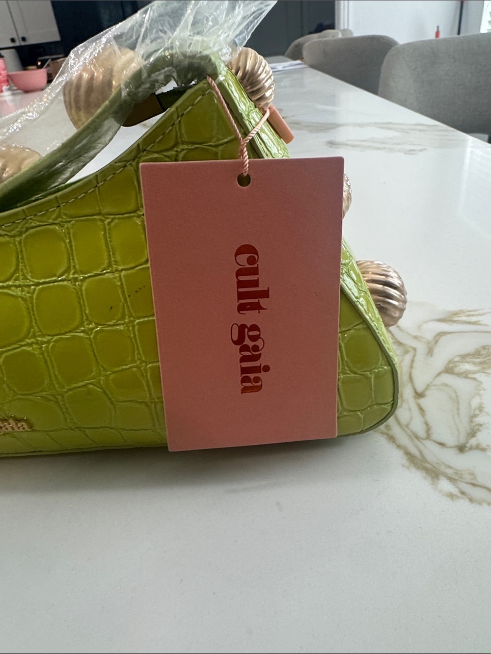 cult gaia lime croc-embossed mini shoulder bag with beaded handle - Picture 5 of 12